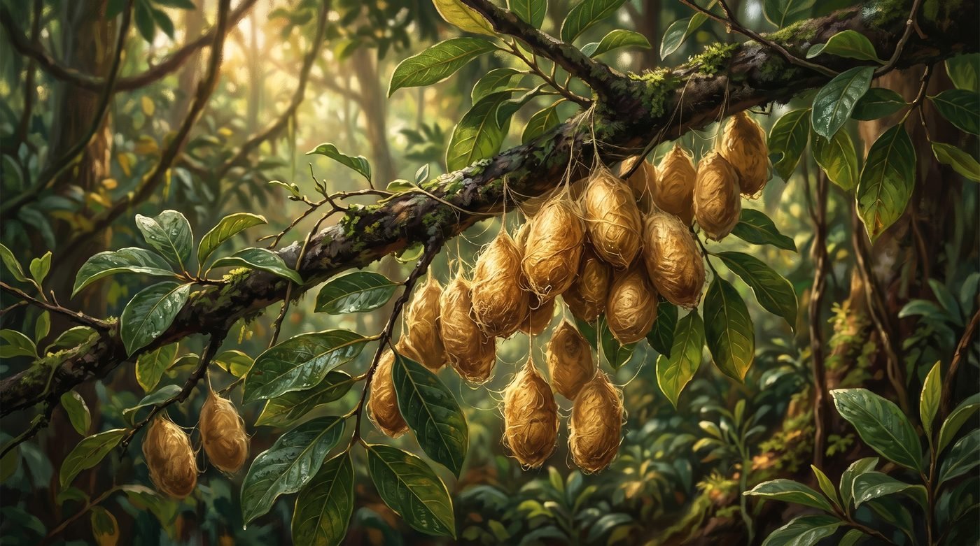 Wild Antheraea paphia tussar silk cocoons hanging from an Asan tree branch in a Bhagalpur forest