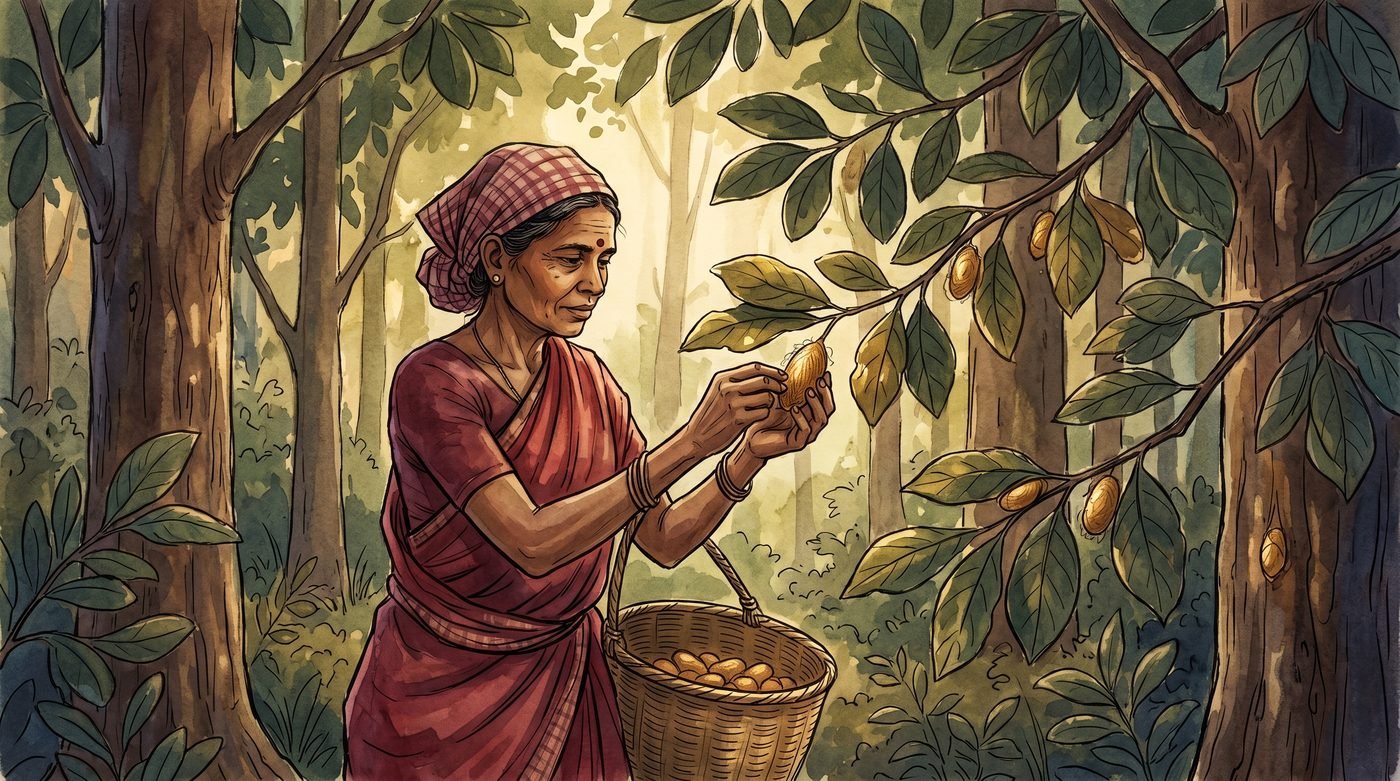 Tribal forest collector hand-picking a golden tussar silk cocoon from an Asan tree — Step 1 of Bhagalpuri silk making