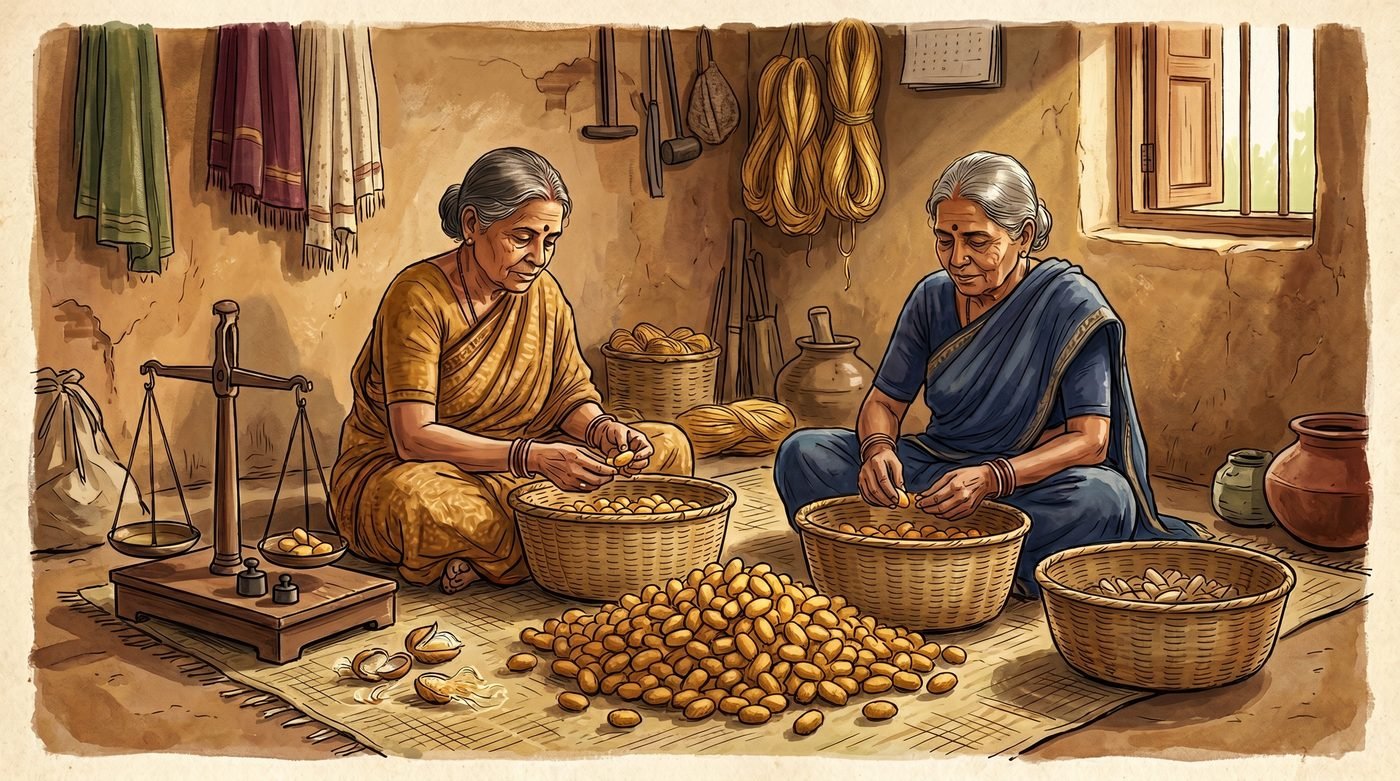 Two experienced Indian women sorting and grading tussar silk cocoons by hand at a Bhagalpur cluster centre