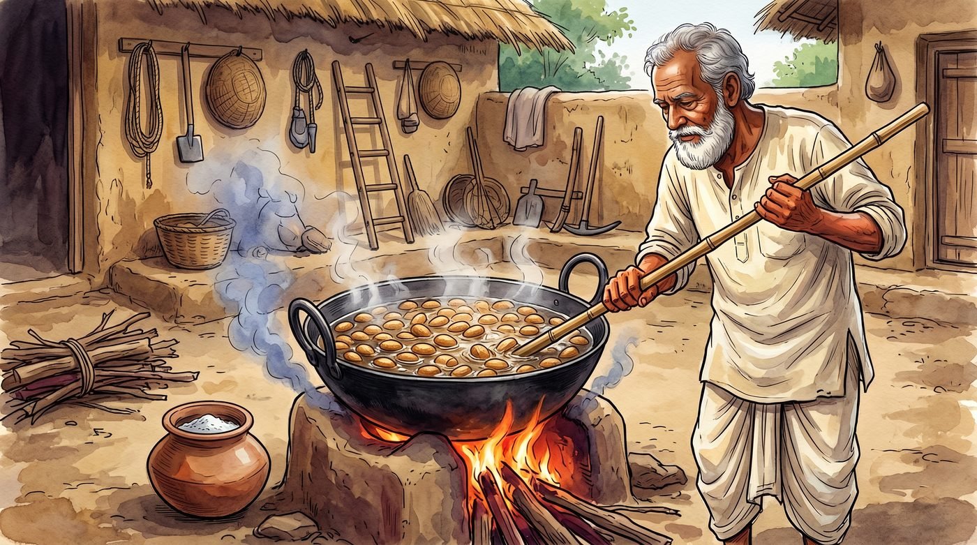 Elderly artisan cooking tussar silk cocoons in a large iron cauldron over a wood fire to soften the sericin gum