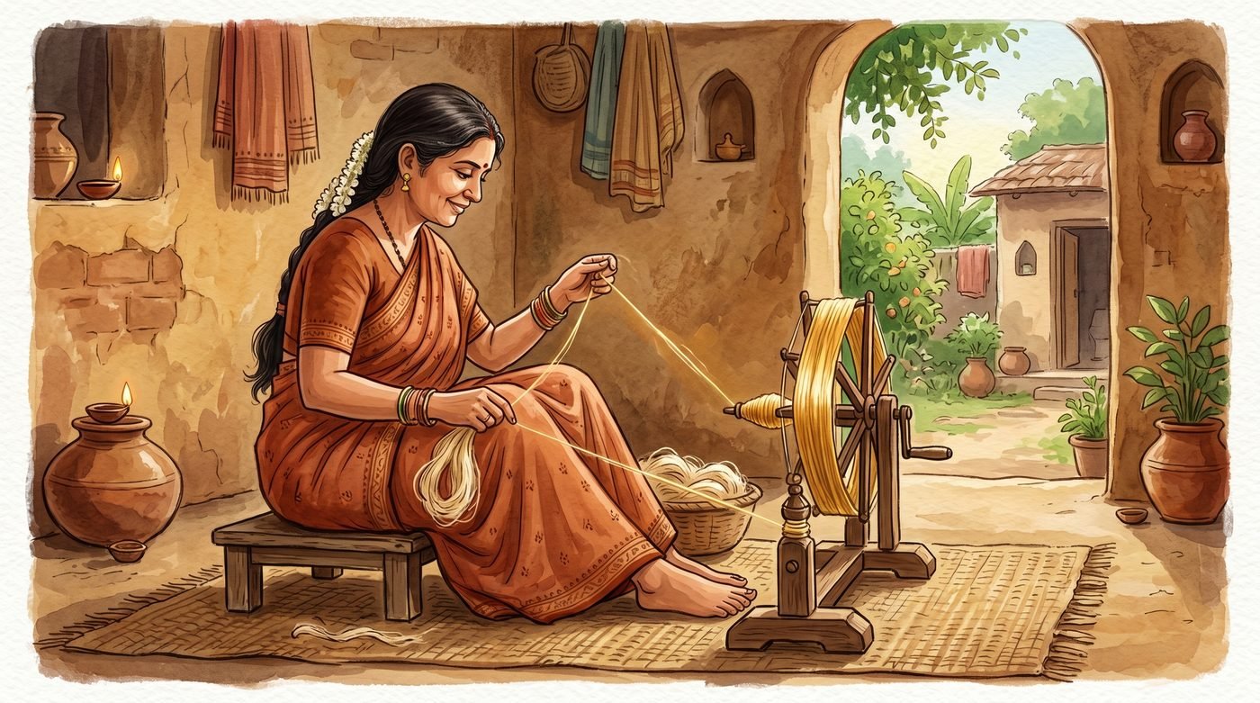Indian woman hand-spinning golden tussar silk yarn on a traditional charkha — Step 4 of Bhagalpuri silk making