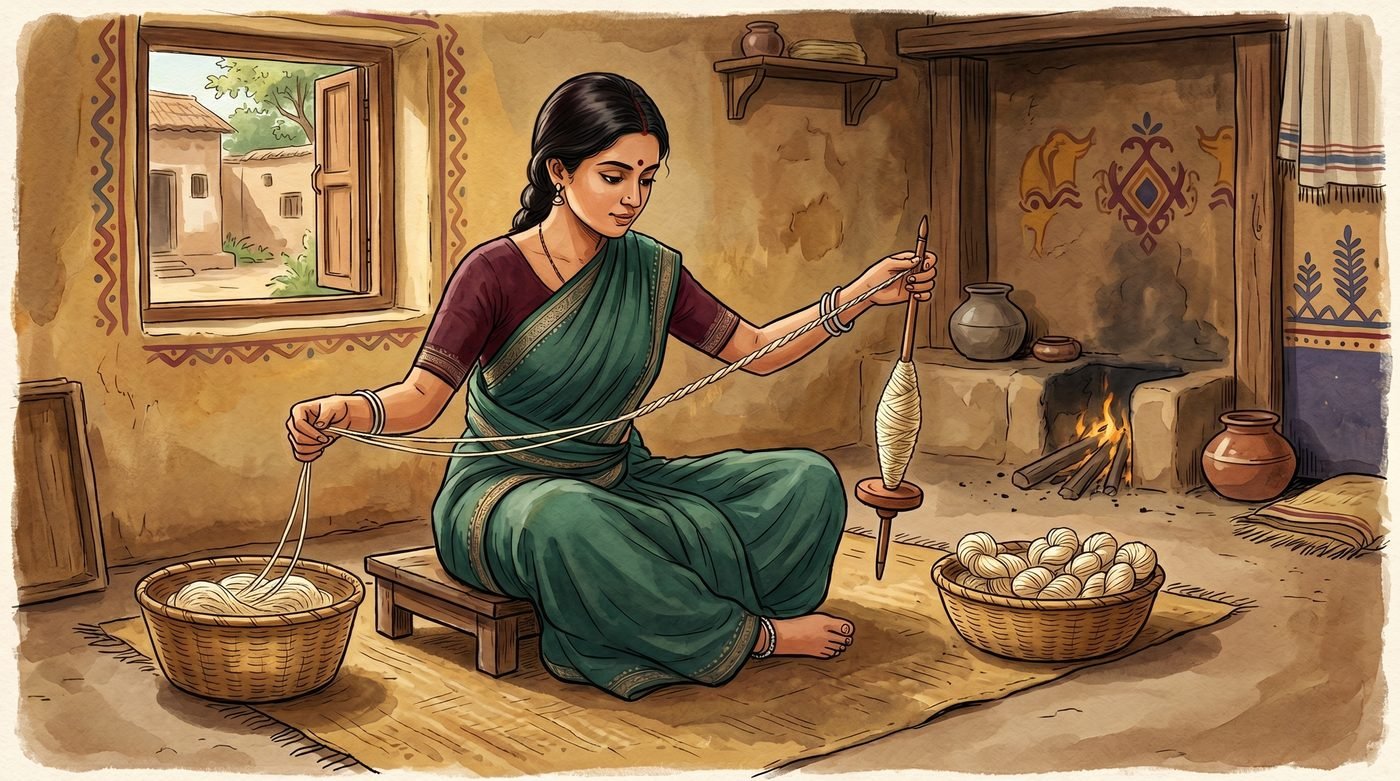 Young Indian woman in a green saree twisting tussar silk yarn with a hand spindle (takli) by an open fire