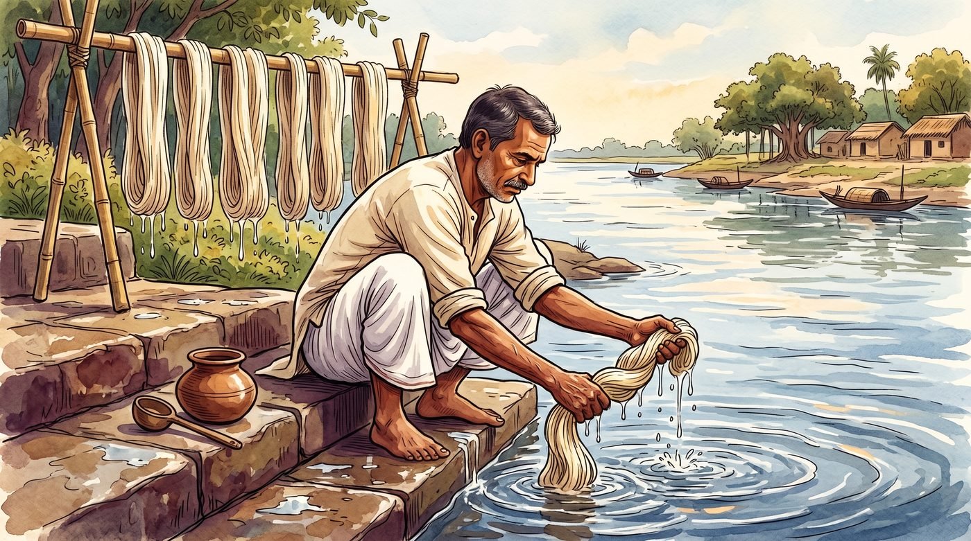 Indian artisan rinsing skeins of tussar silk yarn at a riverbank to remove final traces of sericin