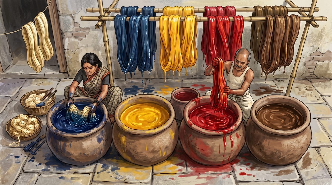 Skeins of tussar silk yarn being dyed in earthen vats with indigo, turmeric, lac and walnut natural dyes