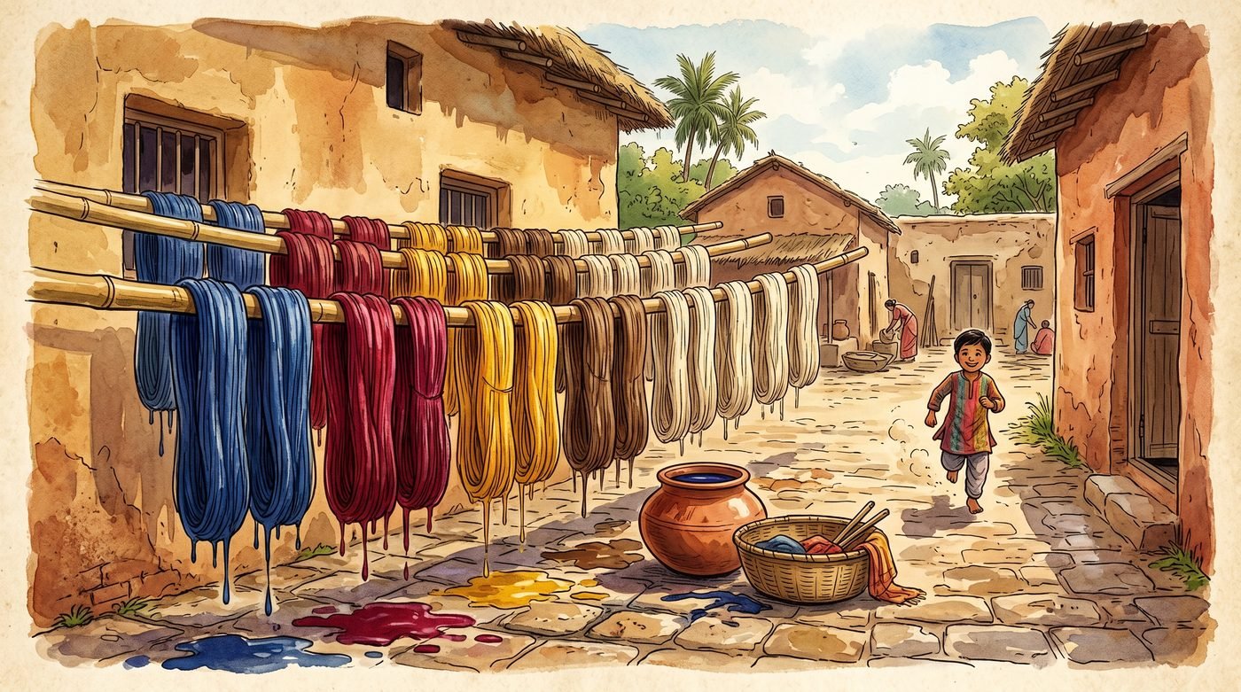 Skeins of freshly dyed silk yarn in indigo, lac red, turmeric yellow and walnut brown drying on bamboo poles in a Bhagalpur courtyard