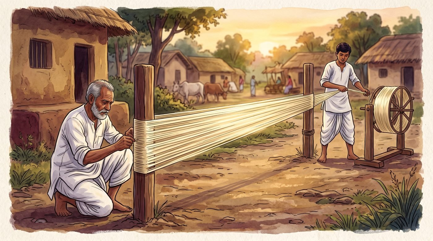 Two Indian artisans stretching thousands of warp threads outdoors between wooden posts to prepare a Bhagalpuri silk saree