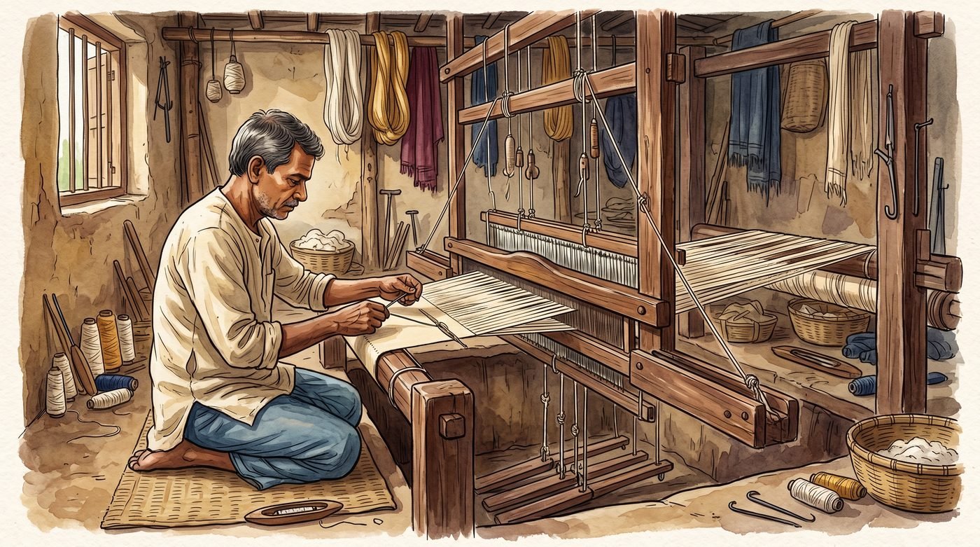 Bhagalpuri silk weaver setting up the pit loom by threading individual warp threads through the heddles and reed