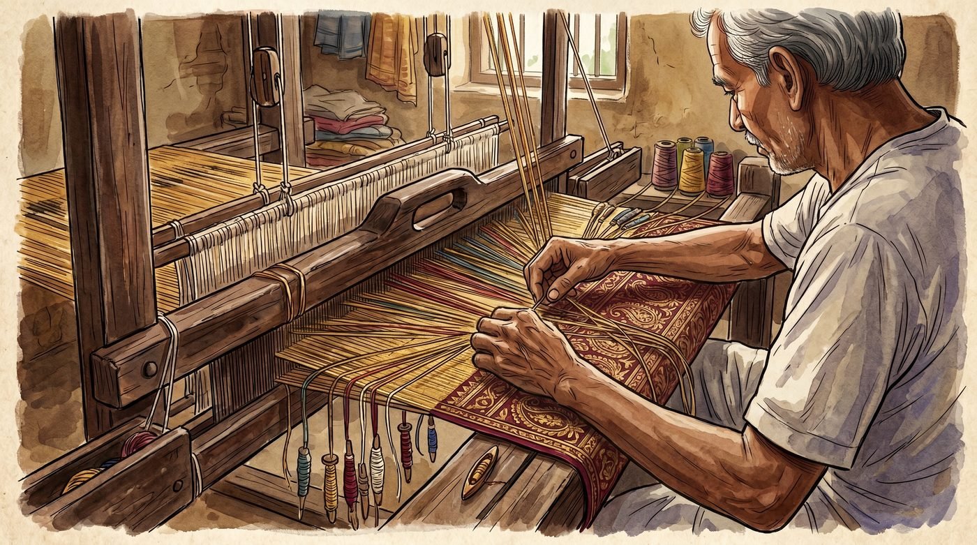 Close-up of a master weaver's hands working on the intricate maroon and gold paisley border of a Bhagalpuri silk saree