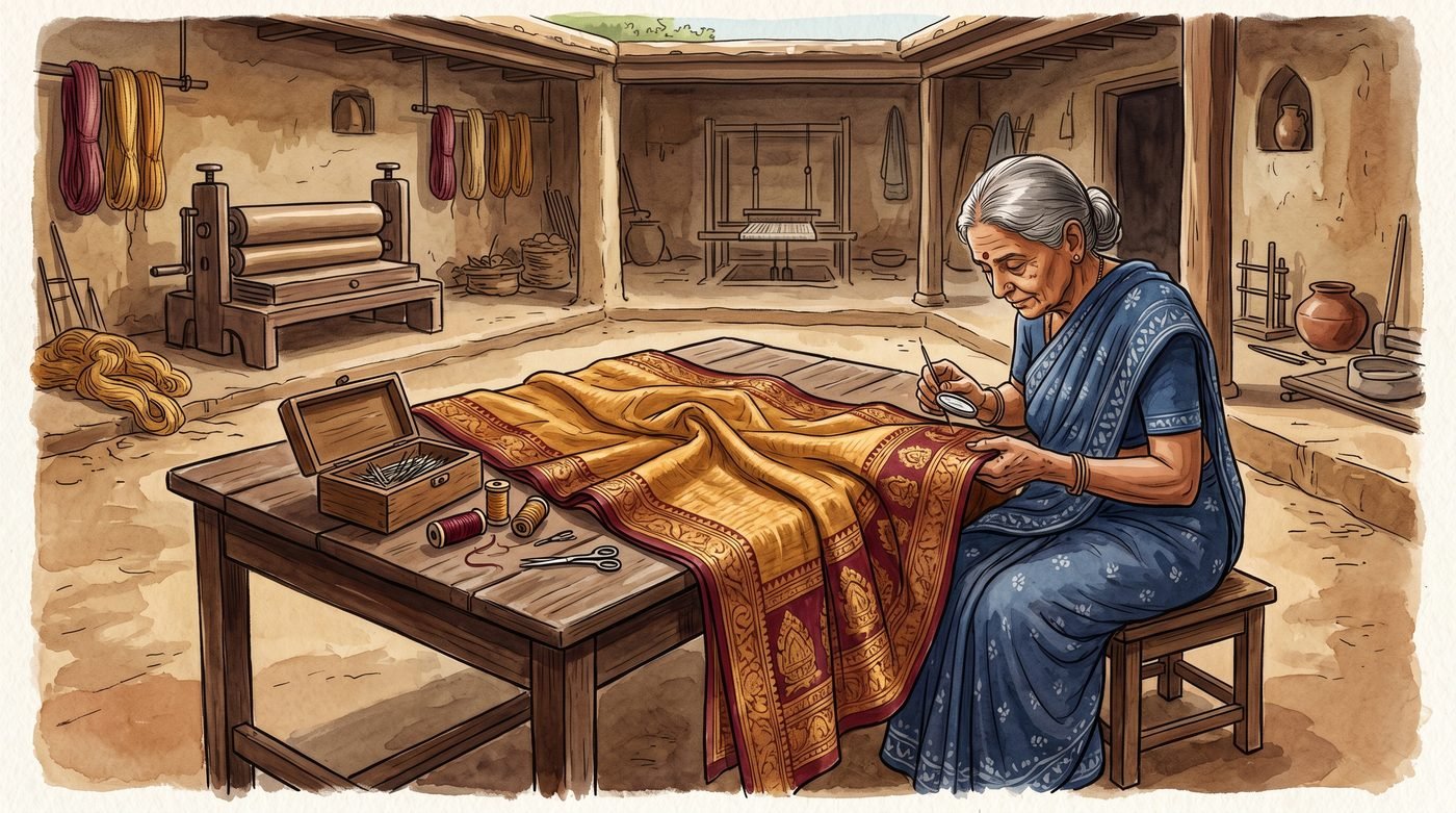 Senior Indian woman inspecting and hand-mending a finished Bhagalpuri silk saree on a wooden inspection table