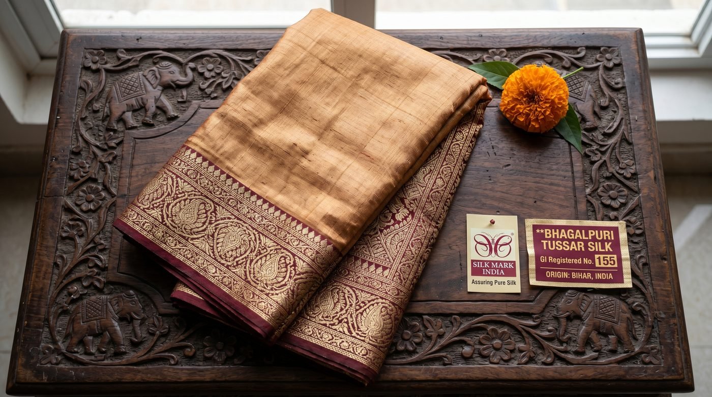 Authentic Bhagalpuri tussar silk saree with GI registered No. 155 tag and Silk Mark India certification on a carved wooden surface